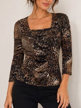 Conrad C Collection Animal Print Ruched Blouse 3/4 Sleeve Top Brown Black Size S